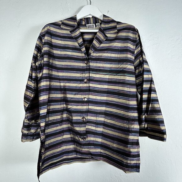 Chico's Design Womens Striped Silk 3/4 Sleeve Button-Up Shirt Size 1 Gold Black - Picture 1 of 9